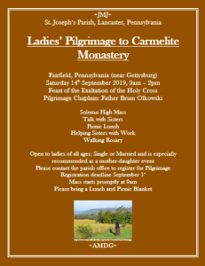 Ladies' Pilgrimage to the Carmelite Monastery in Fairfield, PA on September 14, 2019